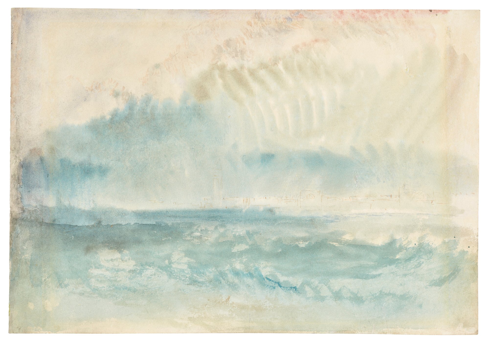 a faint watercolour sketch of wild waters and atmospheric conditions behind in shades of greeny blue