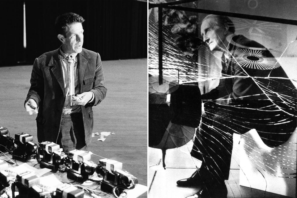 Left: John Cage in 1966. Right: Marcel Duchamp in 1965. 