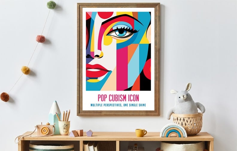 A poster in a Cubist style displayed above a dresser