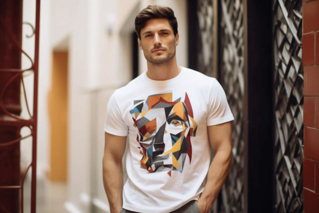 An image of a male model with a Cubism-themed graphic of a face on it