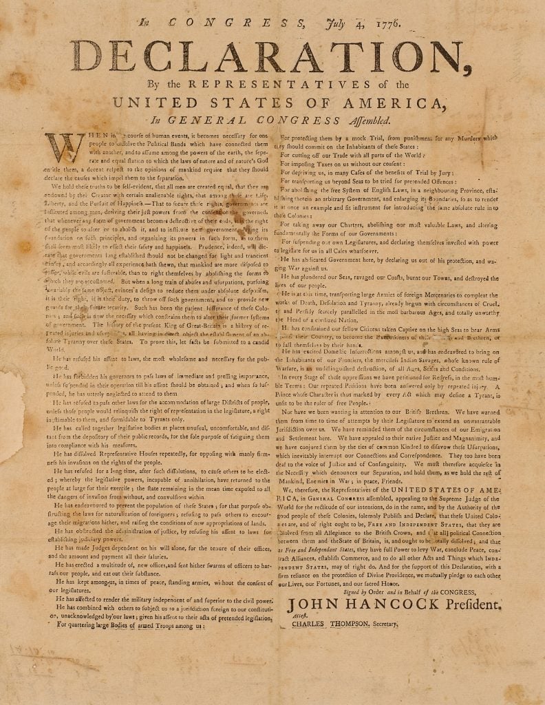 A historic copy of the Declaration of Independence