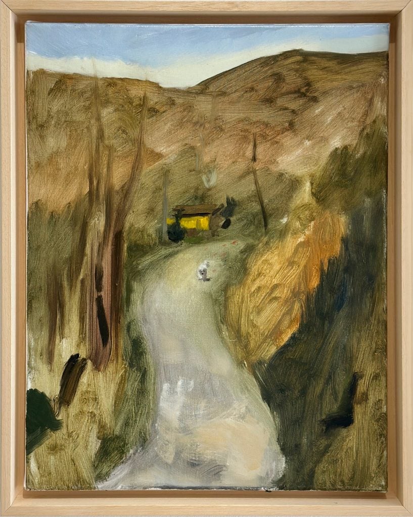 A rural path leads to a distant yellow cottage, with a lone figure evoking nostalgia.