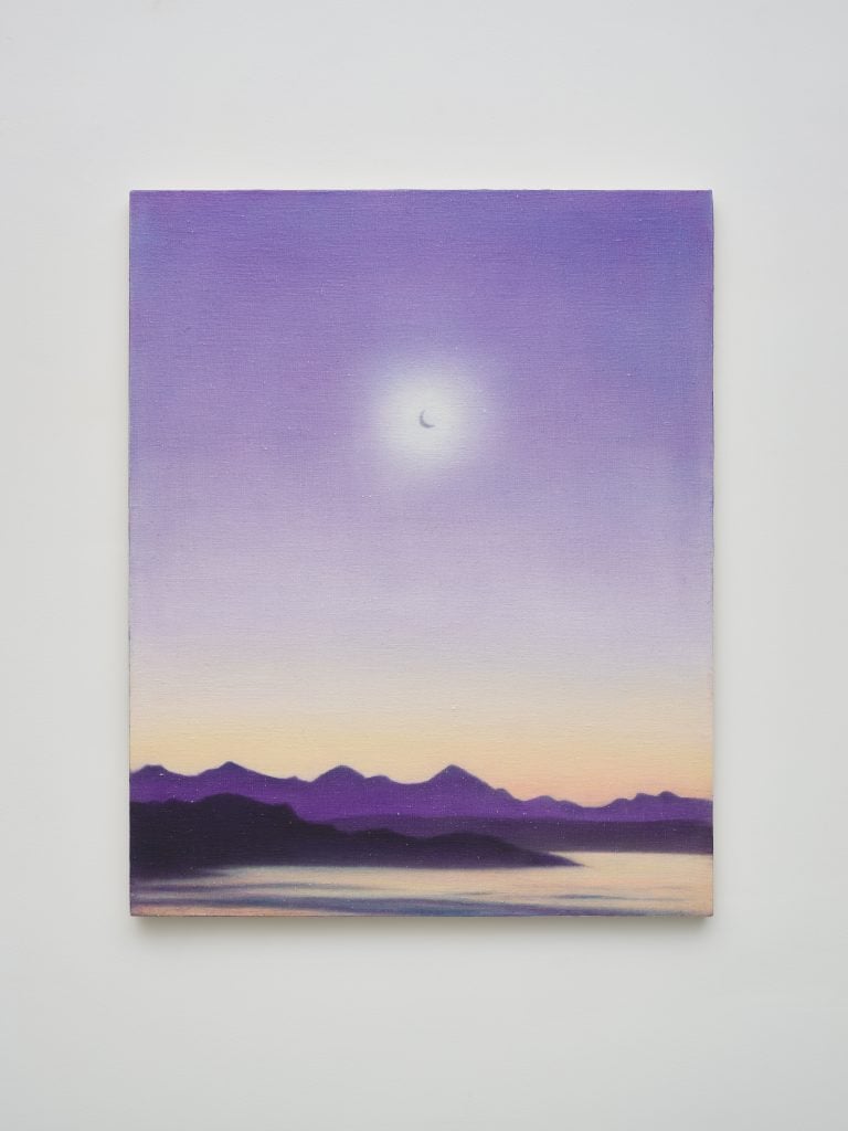 Painting by Enari Gallery artist Fiona Finnegan of a moon in a purple sky over a purple mountainous horizon and water.