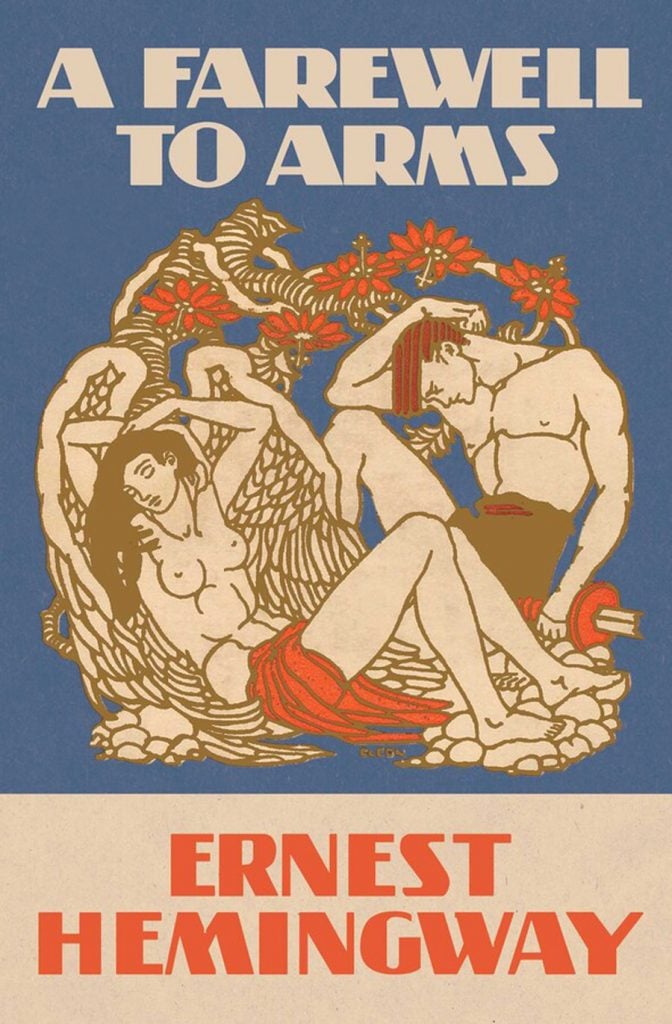 Illustrated cover of Ernest Hemingway’s ‘A Farewell to Arms,’ featuring reclining man and woman amid flowers.