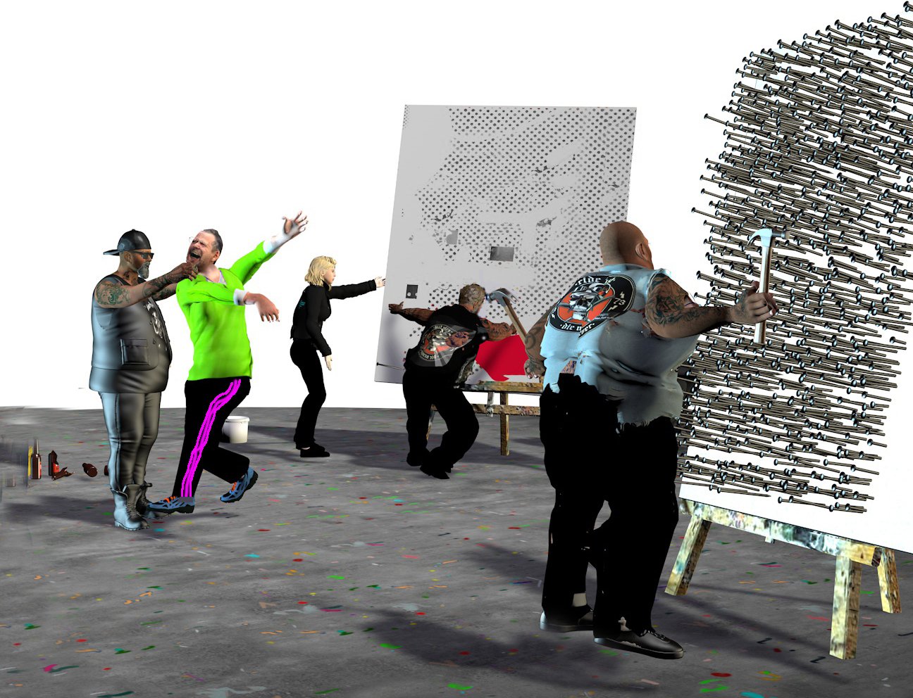 A computer image shows people making large artworks