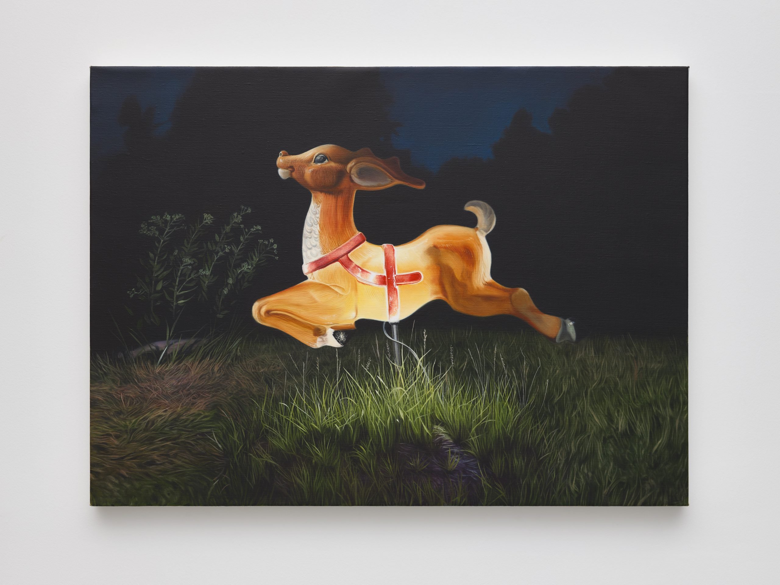 Painting by Enari Gallery artist Lindsay Merrill of a light up plastic reindeer glowing on a patch of grass.