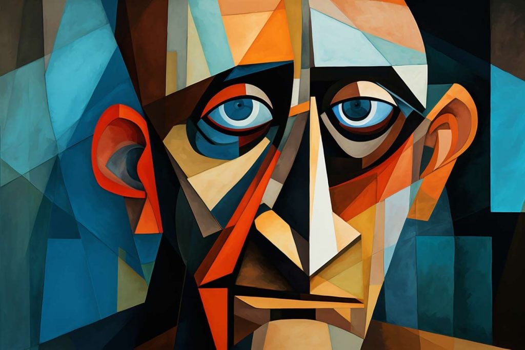 A colorful faceted image of a face in a Cubist-like style