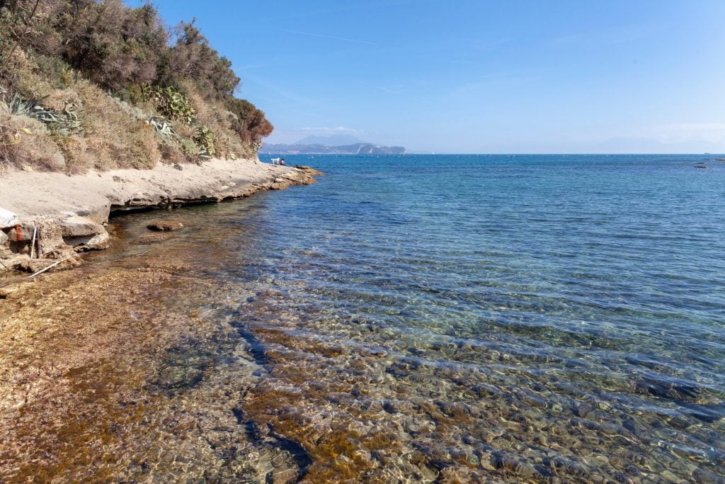 A rocky coastline with clear, shallow turquoise water, surrounded by greenery under a bright blue sky.