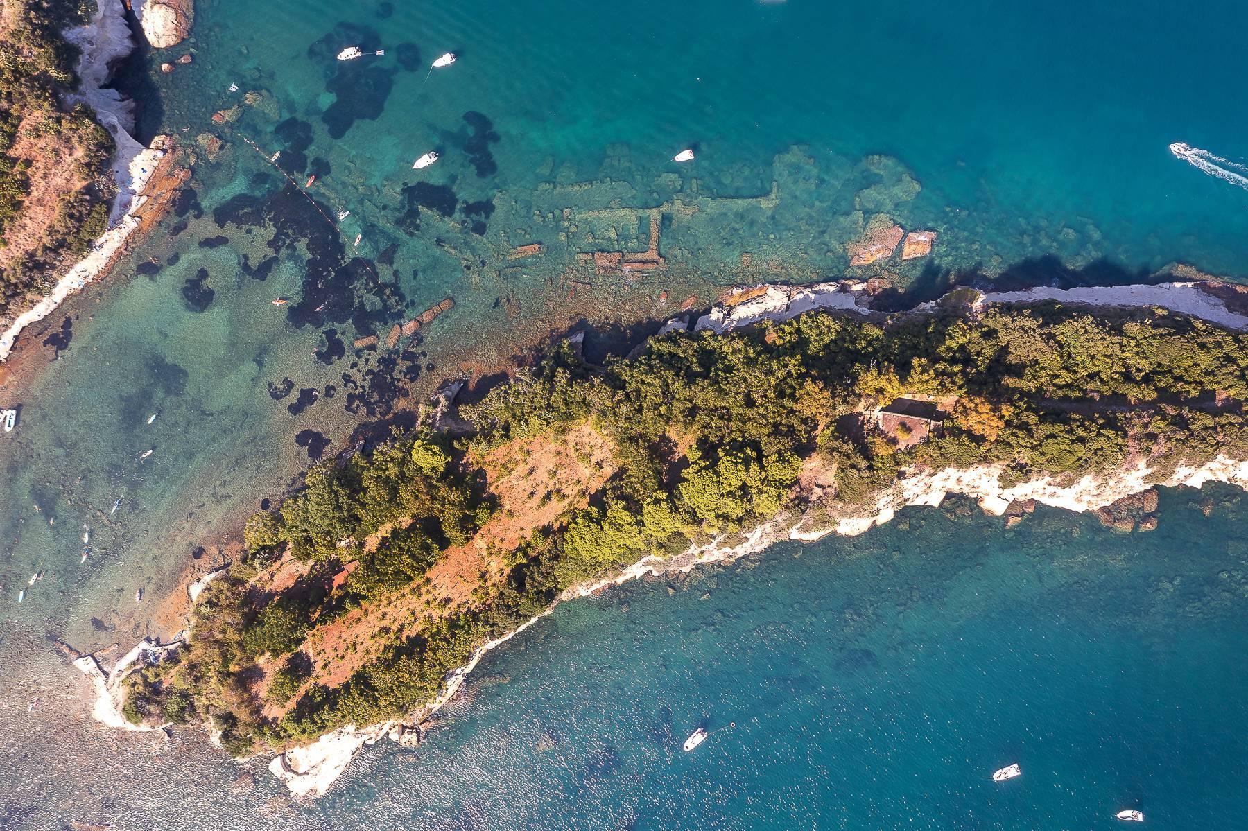 Aerial view of an island filled with greenery and surrounded by a blue sea