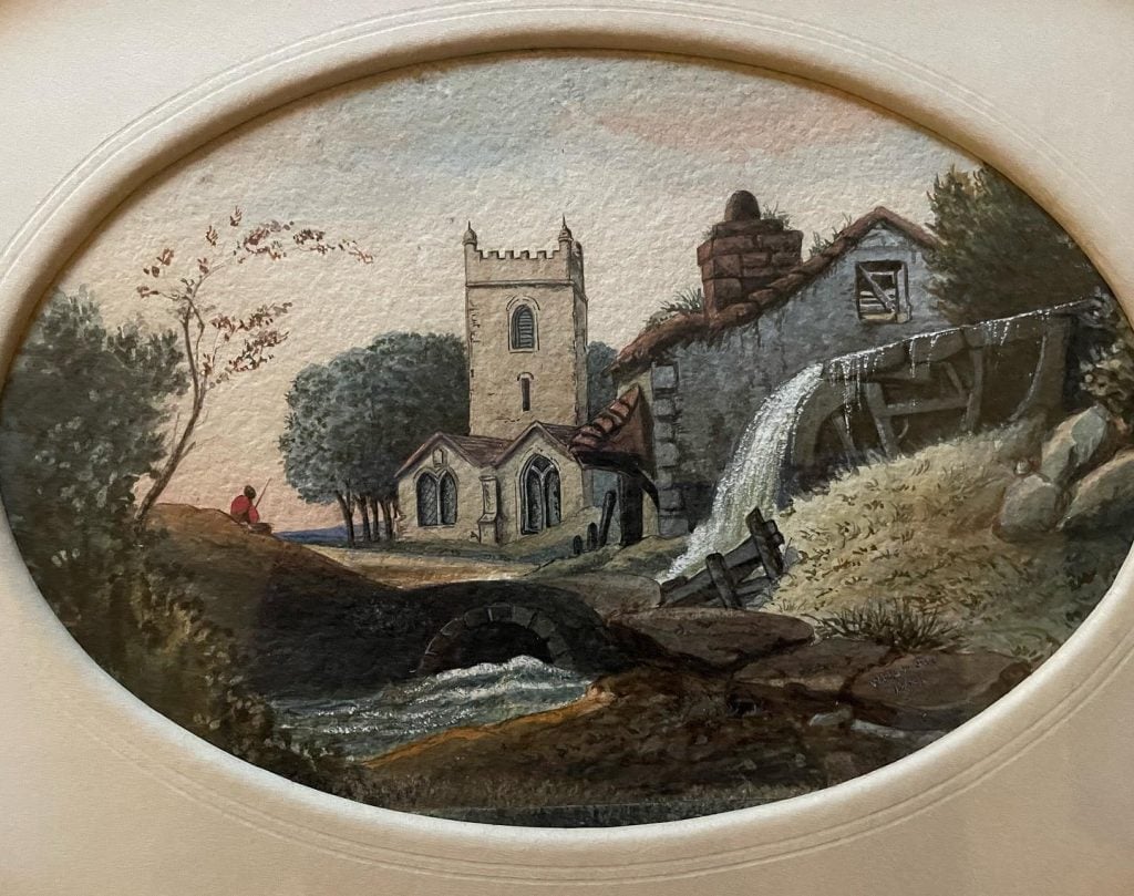 Close-up of a charming watercolor by William Henry Dorsey, showing a church, bridge, mill, and flowing stream in detail.