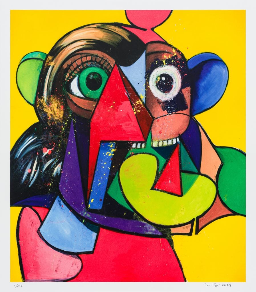 A vibrant abstract painting featuring bold geometric shapes, bright colors, and a distorted facial composition on a yellow background.