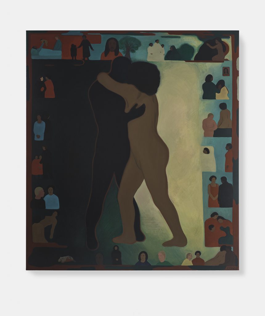 Two central figures embrace on the center line of the painting by Sahara Long, from the show to see list, with light painted ground behind the right figure and black ground behind the left. The border of the painting is comprised of a series of vignettes illustrating different moments between the two figures.