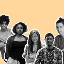 Five artists are collaged against a peach background, shown in black-and-white portraits with white outlines.