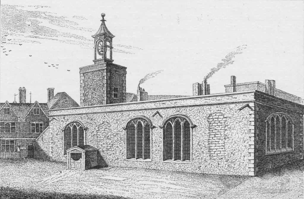 the black and white drawing of a low and simple chapel at the Tower of London
