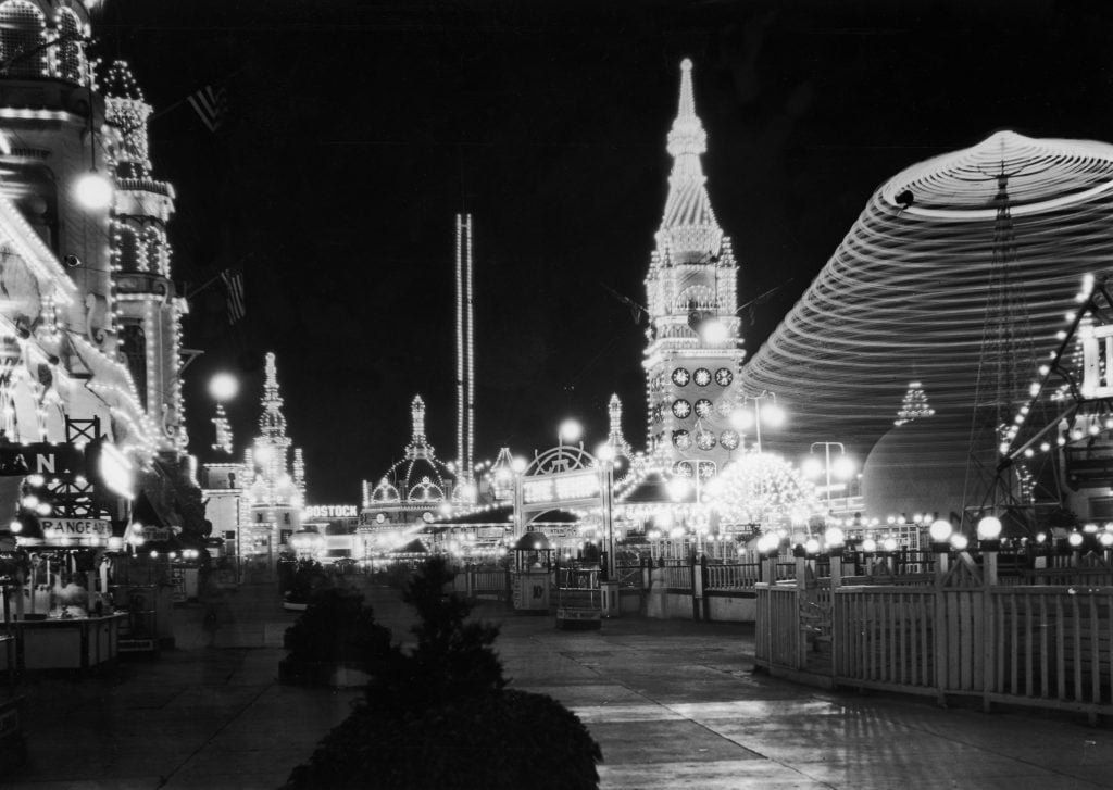 Luna Park lit up at night, Coney Island, which may be referenced in the Great Gatsby cover