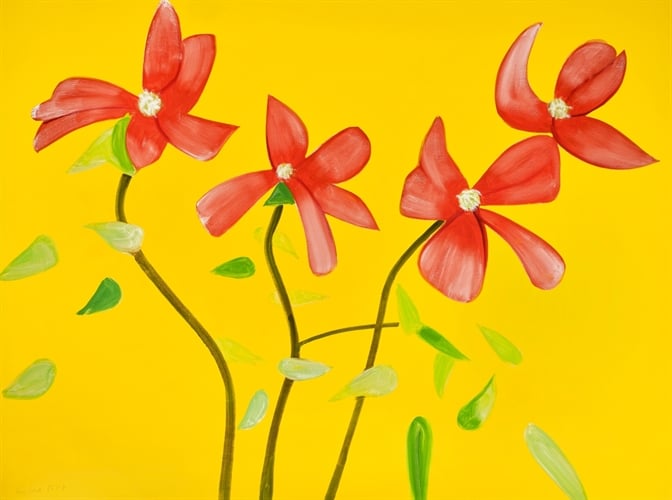 A vibrant artwork by Alex Katz titled Red Dogwood 1 (from Flowers) featuring four stylized red dogwood flowers with soft white centers on tall, slender stems. The petals are painted in bold, sweeping strokes against a bright yellow background, with scattered green leaves adding movement and contrast to the composition. Featured in the Premier Prints sale with Artnet Auctions.
