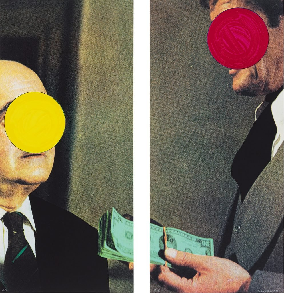 A conceptual artwork by John Baldessari titled Money with Space Between. The diptych features two photographic panels: on the left, an older man in a suit holds a yellow circular painted overlay obscuring his face, while on the right, another suited man, whose face is covered with a red circular overlay, holds a stack of green U.S. dollar bills. The two figures face each other across a blank white vertical space, emphasizing the transactional nature of the scene. Featured in Artnet Auctions sale Premier Prints.