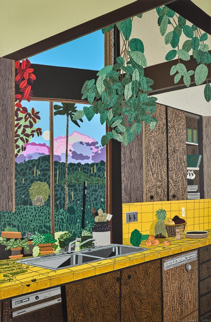 A colorful print by Jonas Wood titled Kitchen Interior depicting a domestic kitchen scene. The image features a yellow-tiled countertop with a double sink, potted plants, and a basket of fruits. The wooden cabinets have a textured grain pattern, and lush green leaves hang from the ceiling beams. Through a large window, a vivid landscape of dense green trees, palm trees, and distant purple mountains under a bright blue sky is visible, creating a serene indoor-outdoor connection. Featured in the Premier Prints sale with Artnet Auctions.