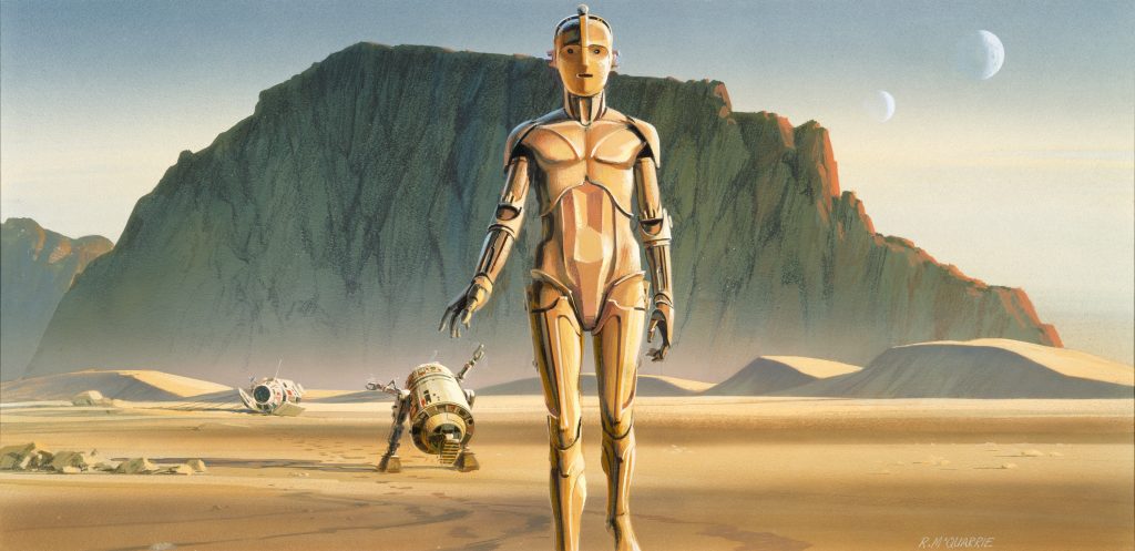 Golden humanoid robot walks across alien desert landscape in early Star Wars concept painting.
