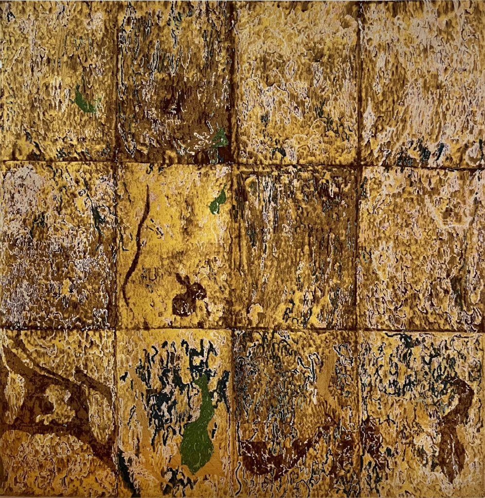 A textured abstract print by Lynda Benglis titled Rajesh in Rajasthan. The composition features an earthy palette of ochre, mustard yellow, and brown tones with patches of green and maroon. The surface is divided into grid-like sections, resembling weathered tiles or cracked earth, with intricate organic patterns and flowing textures that evoke a sense of geological layering or aged surfaces. Featured in the Artnet Auctions Premier Prints sale.