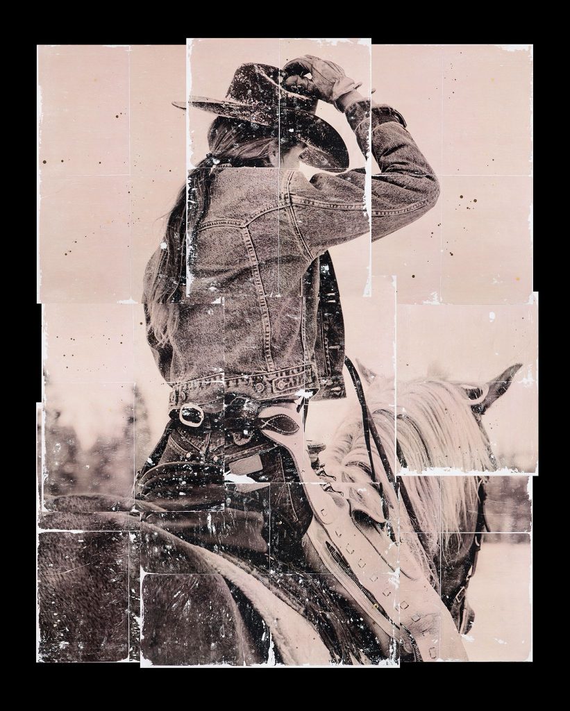 A sepia-toned, collage-like artwork by Marta Fàbregas depicting a woman in a denim jacket and cowboy hat riding a horse. The figure is seen from behind, adjusting her hat, with the image fragmented into multiple rectangular panels, creating a vintage, distressed photographic effect. The artwork conveys themes of strength, independence, and Western identity. Presented at Intersect Aspen.
