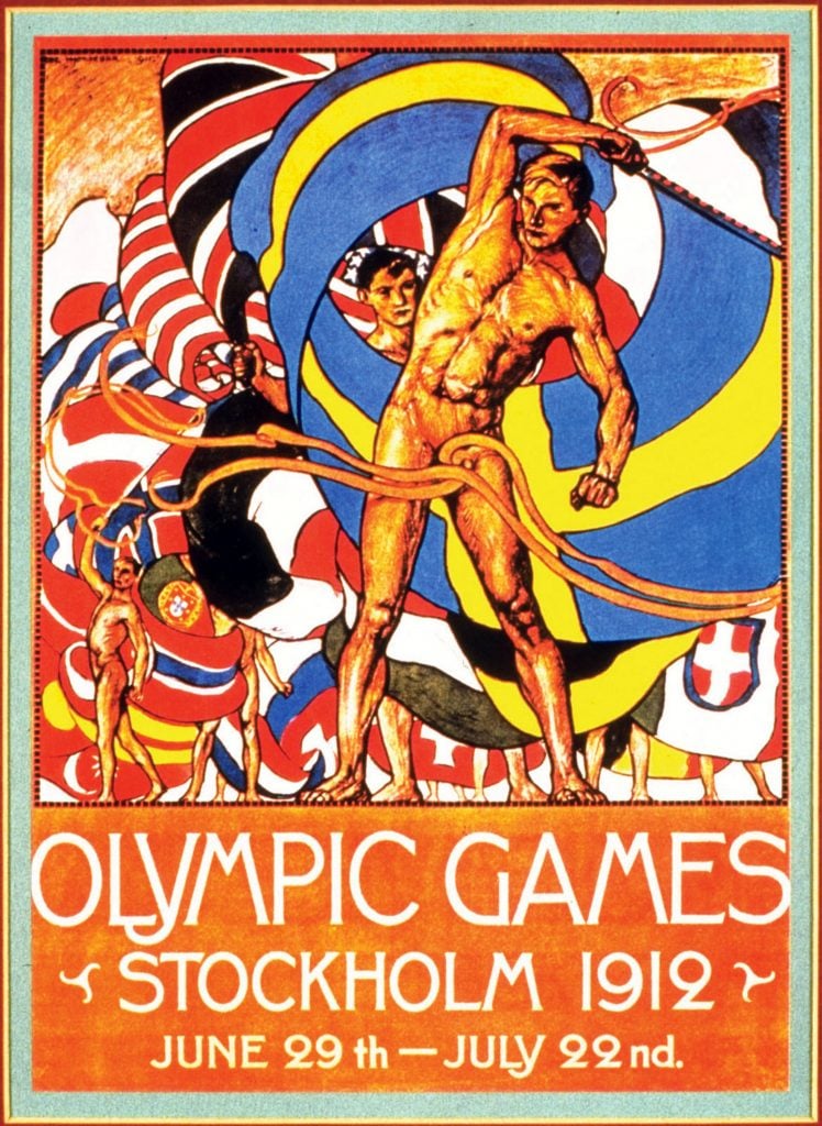 A colorful poster for the 1912 Olympic games showing a nude male figure, his arm raised