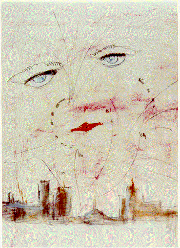 a face hovering over a dusty urban landscape