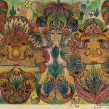 A vibrant painting with three large stylized faces formed from floral patterns and foliage, interwoven with smaller faces, trees, and abstract designs, creating a dense and dreamlike composition.