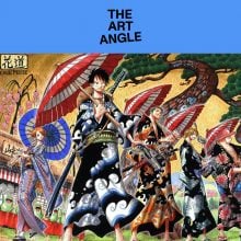 Main One Piece characters wearing kimonos and holding umbrellas, standing together in a vibrant outdoor setting.