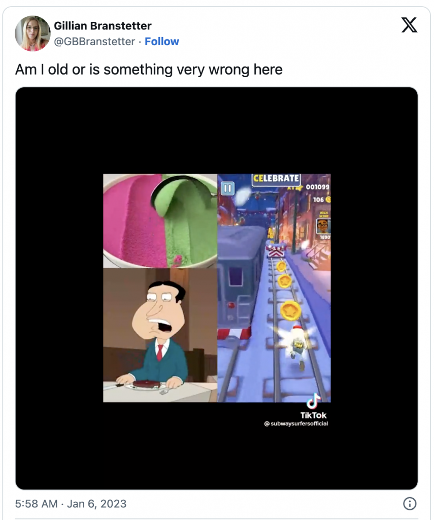 A split-screen video featuring three different clips: ASMR kinetic sand, a Subway Surfers game, a Quagmire meme from Family Guy, and another clip of Subway Surfers