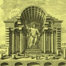 Engraving of colossal seated Zeus statue inside grand temple with domed roof and surrounding columns.