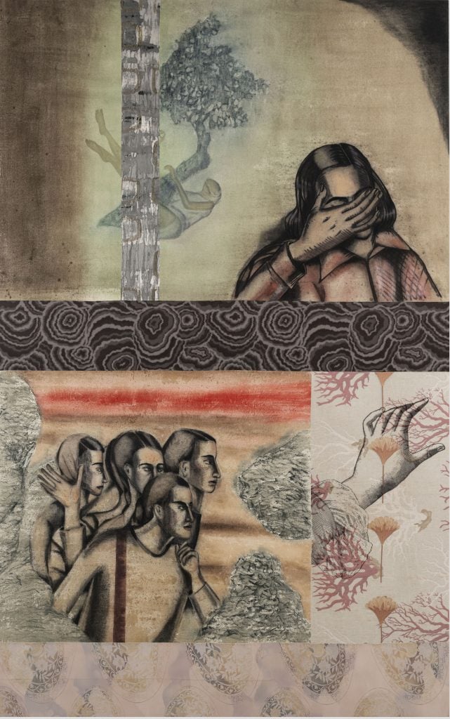 A painting in earth tone showing a person covering their eyes with their hand on the upper half of the painting. The bottom part of the painting sees a crowd congregating, looking at blood dripping on a hand.