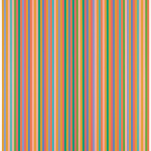 A painting composed of evenly spaced vertical stripes in alternating pastel and bright colors, including pink, orange, green, blue, and gold.