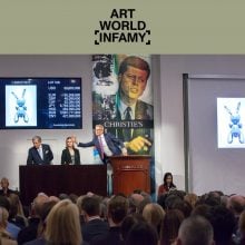 Auctioneer at Christie’s conducting a sale of Jeff Koons’s silver Rabbit sculpture, with price on screen and large audience watching