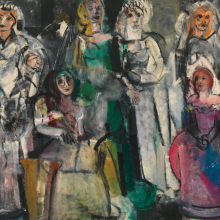 A group of abstractly painted women in colorful dresses and veils stand together against a dark, textured background.