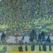 Gustav Klimt’s landscape painting depicting a serene lakeside village surrounded by lush green hills, rendered in vibrant colors and intricate patterns typical of his modernist style.