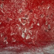A photo of an installation filled with an overwhelming web of tangled red threads stretching across the entire room, with scattered sheets of white paper suspended within the dense network.