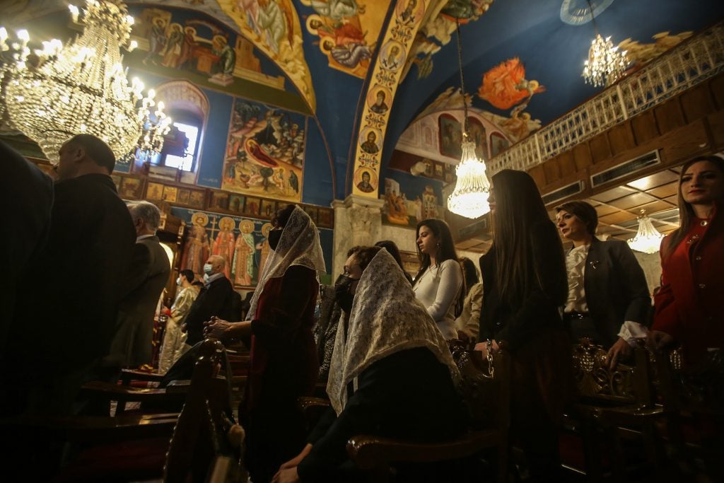 Worshippers gather in a richly decorated Greek Orthodox Church in Gaza City