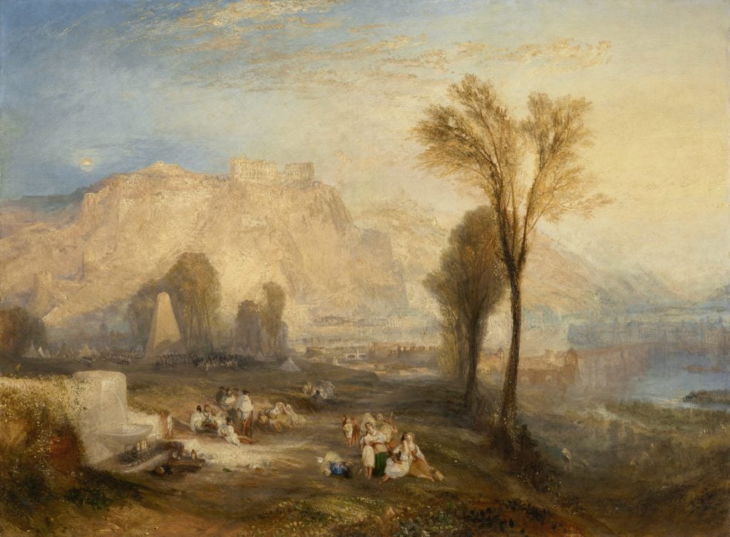 A landscape painting shows a small group of people loosely gathered in the foreground and a mountain range in the distance A landscape painting shows a small group of people loosely gathered in the foreground and a mountain range in the distance