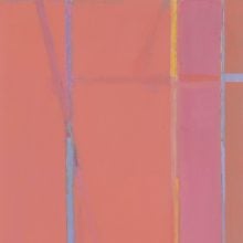 A framed abstract painting by Paulo Pasta dominated by shades of coral pink with intersecting vertical and diagonal lines in blue, orange, and purple, creating a geometric composition with subtle layering and texture.