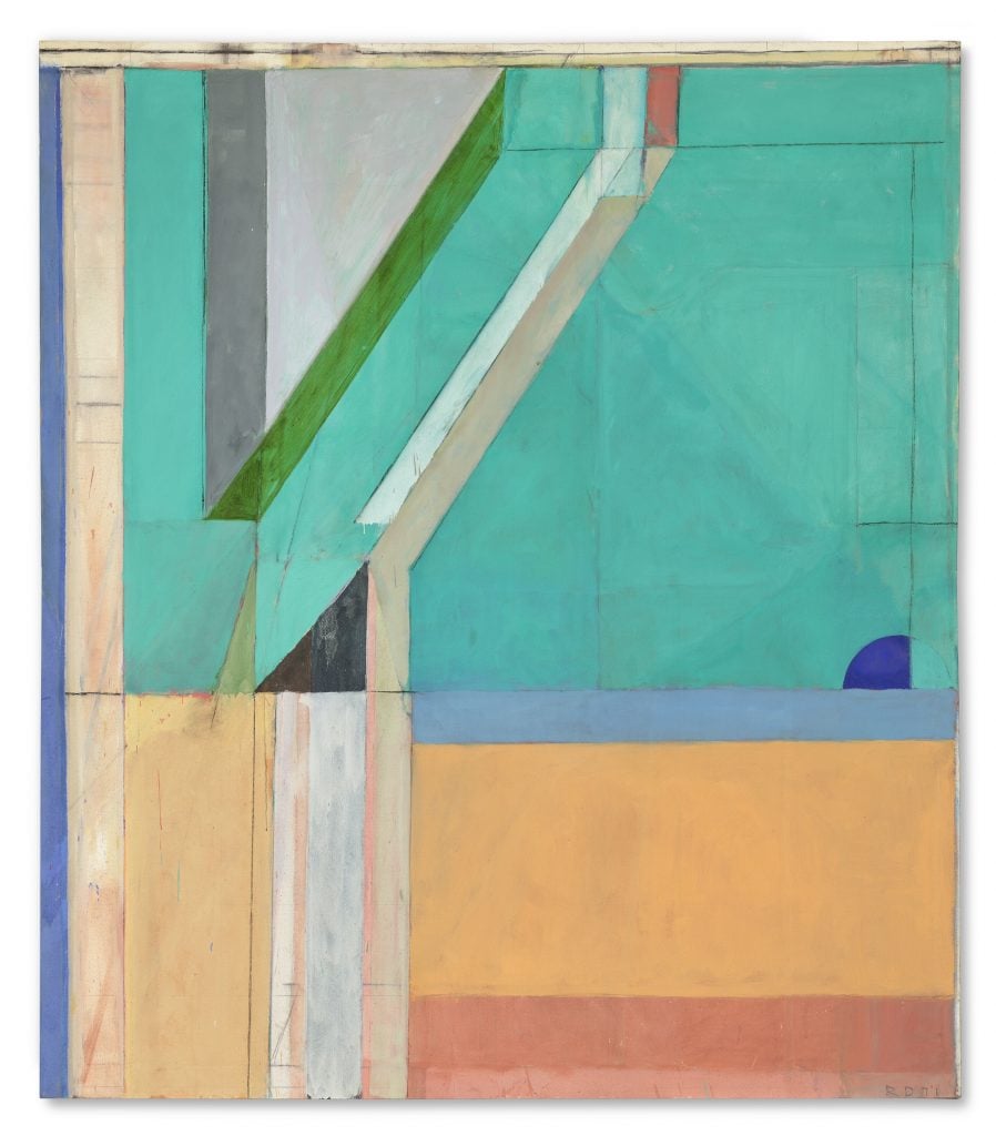 Geometric abstract painting by Richard Diebenkorn from his Ocean Park series, featuring bold color blocks, architectural lines, and modernist composition. Geometric abstract painting by Richard Diebenkorn from his Ocean Park series, featuring bold color blocks, architectural lines, and modernist composition.