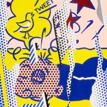 An artwork by Roy Lichtenstein in his classic style of Ben-Day dots shows Wimpy from the Popeye comic strip lying face down, eyes closed, with a thought bubble above his head with a bird saying tweet