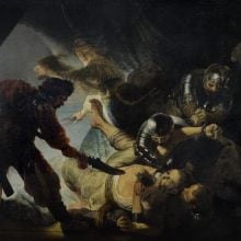 A painting of a dramatic biblical scene, showing several armored men overpowering a half-naked man on the ground, while a woman in light clothing pulls his hair and another man in red clothing raises a blade to strike.