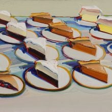 Wayne Thiebaud’s painting of assorted pie slices on plates, rendered in bright pastel tones and expressive brushstrokes.