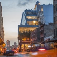 Whitney Museum of American Art in New York City, evening street view of Renzo Piano’s modern building in the Meatpacking District.