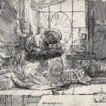 Mary cradles infant Jesus indoors as a cat approaches a snake near discarded cloth.