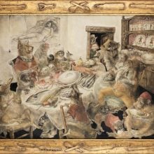 an image of a painting of cats at a table