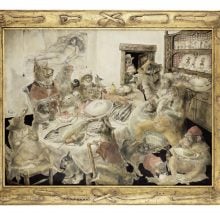 an image of a painting of cats at a table