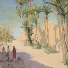 a painting of a sandy street with palm trees