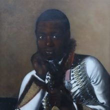 a painting of a Black man dressed in military uniform with a silver medal and holding a cymbal instrument